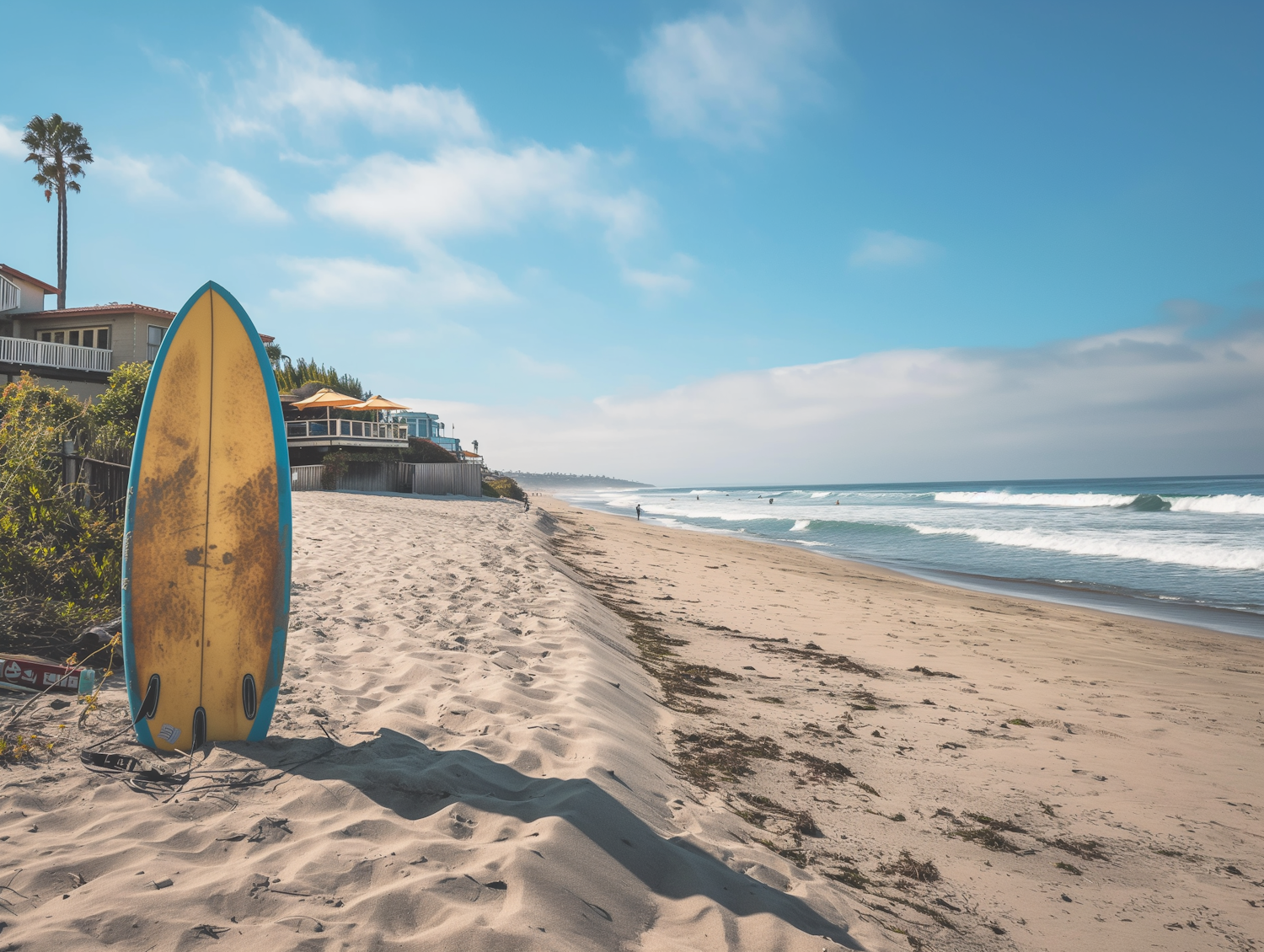 Tranquil Beach with Surfboard