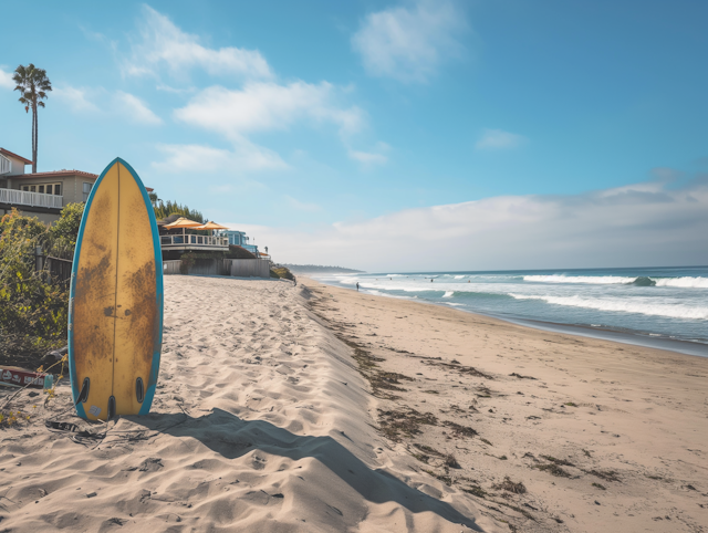 Tranquil Beach with Surfboard