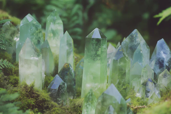Lush Green Crystal Cluster in Forest