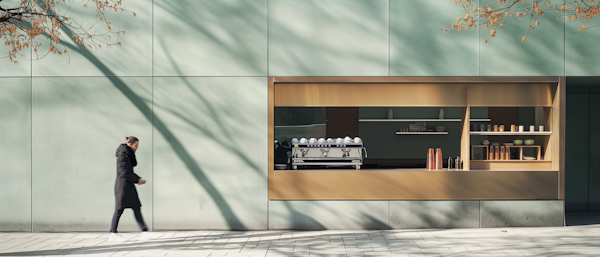 Urban Tranquility: Minimalist Café Facade with Passerby