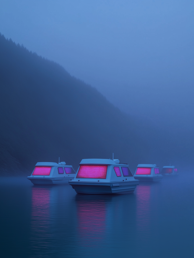 Futuristic Boats in Misty Waters