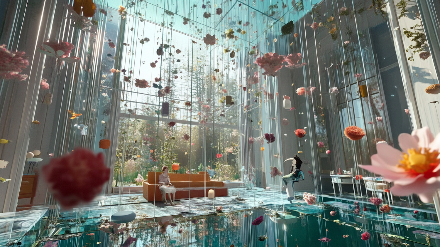 Ethereal Room with Suspended Flowers