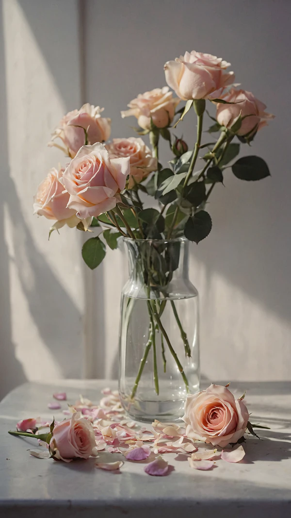 Delicate Pink Roses in Glass Vase