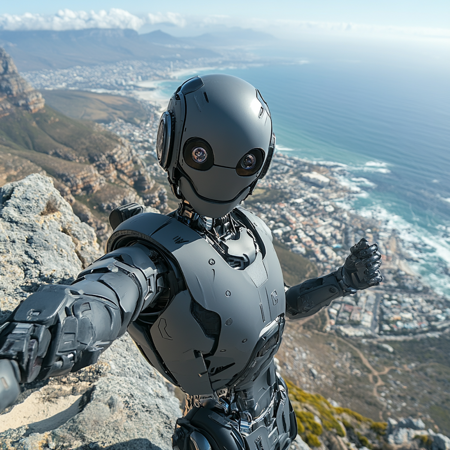 Humanoid Robot Selfie on Cliff