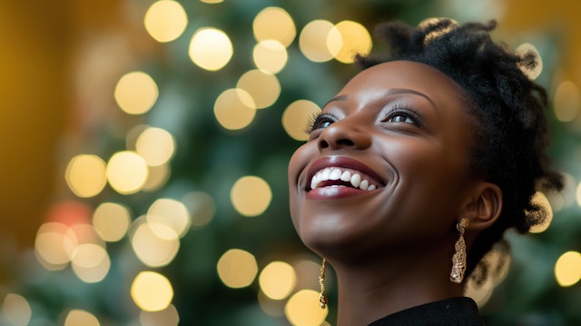 Joyful Woman with Festive Lights