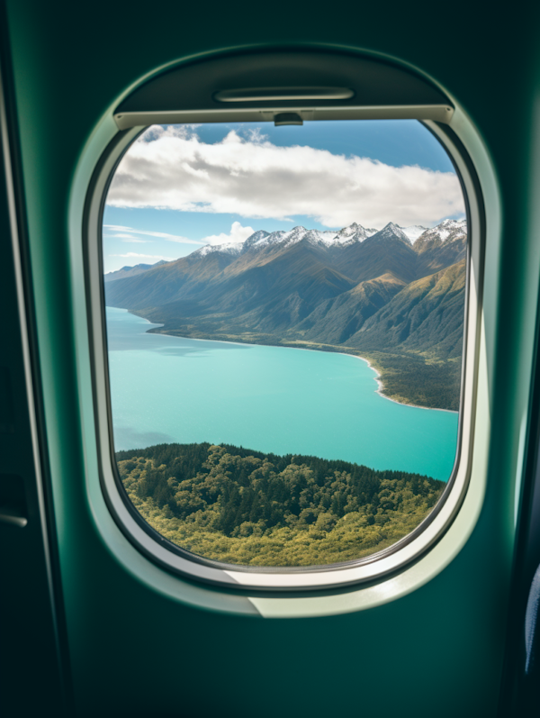 Aerial Serenity: Snow-Capped Peaks and Glacial Lake View