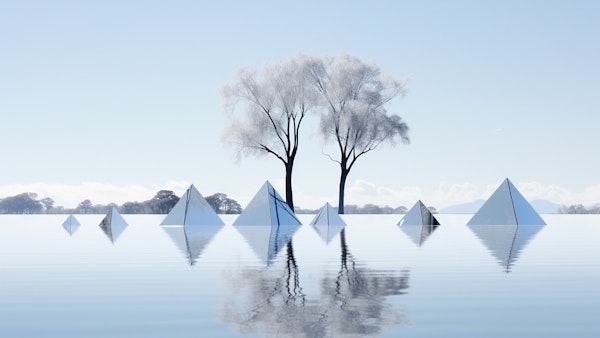 Surreal Landscape with Trees and Pyramids