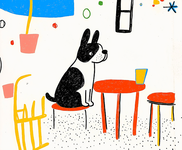 Dog on Red Stool in Whimsical Setting