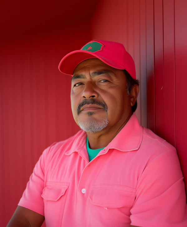 Man in Pink Against Red Wall
