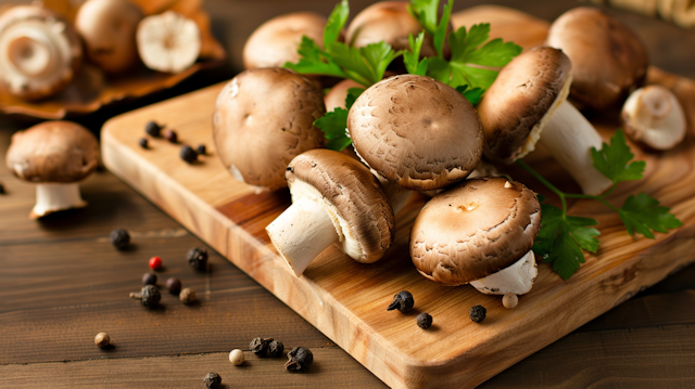 Fresh Mushrooms on Cutting Board