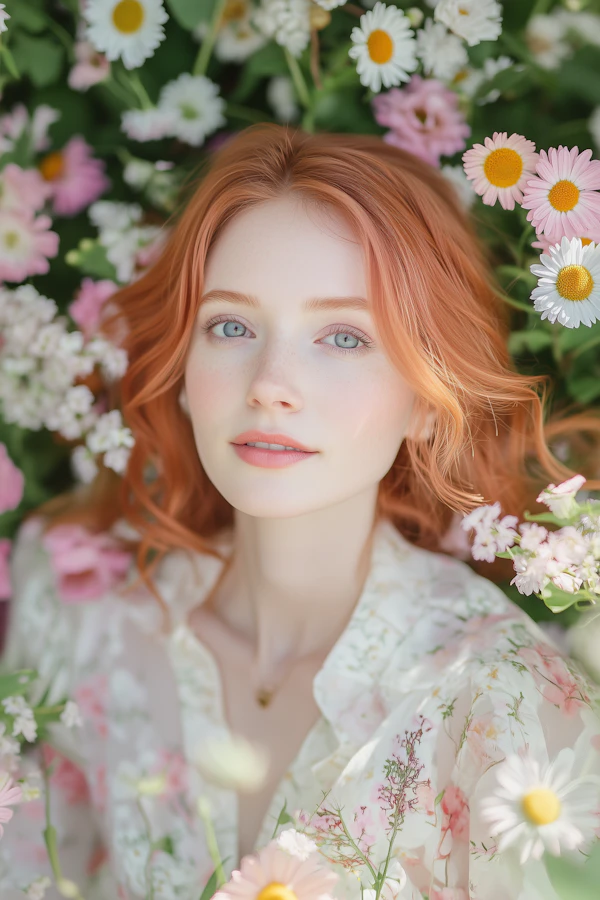 Woman with Red Hair in Floral Setting