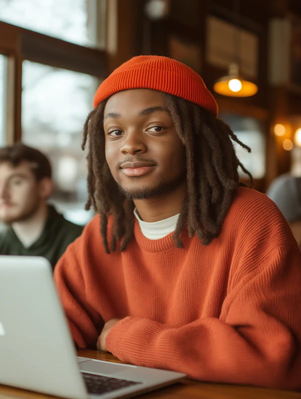 Young Man in Orange Sweater at Café