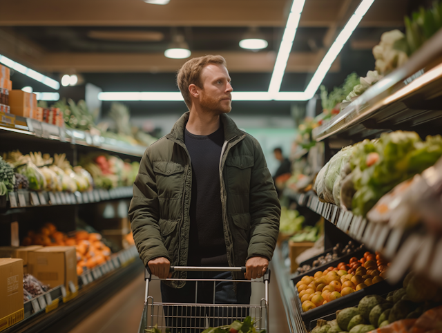 Contemplative Shopper in Grocery Store