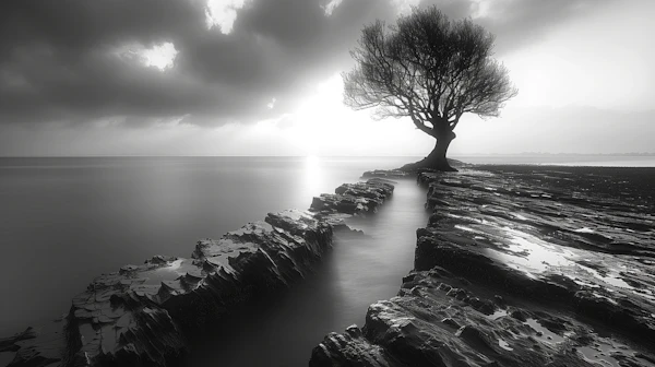 Serene Monochrome Landscape with Solitary Tree