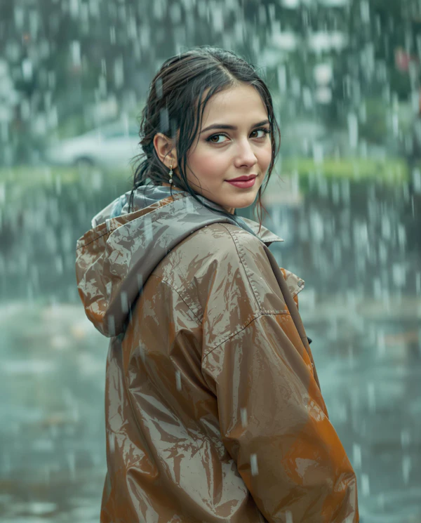 Woman in Rainy Urban Scene