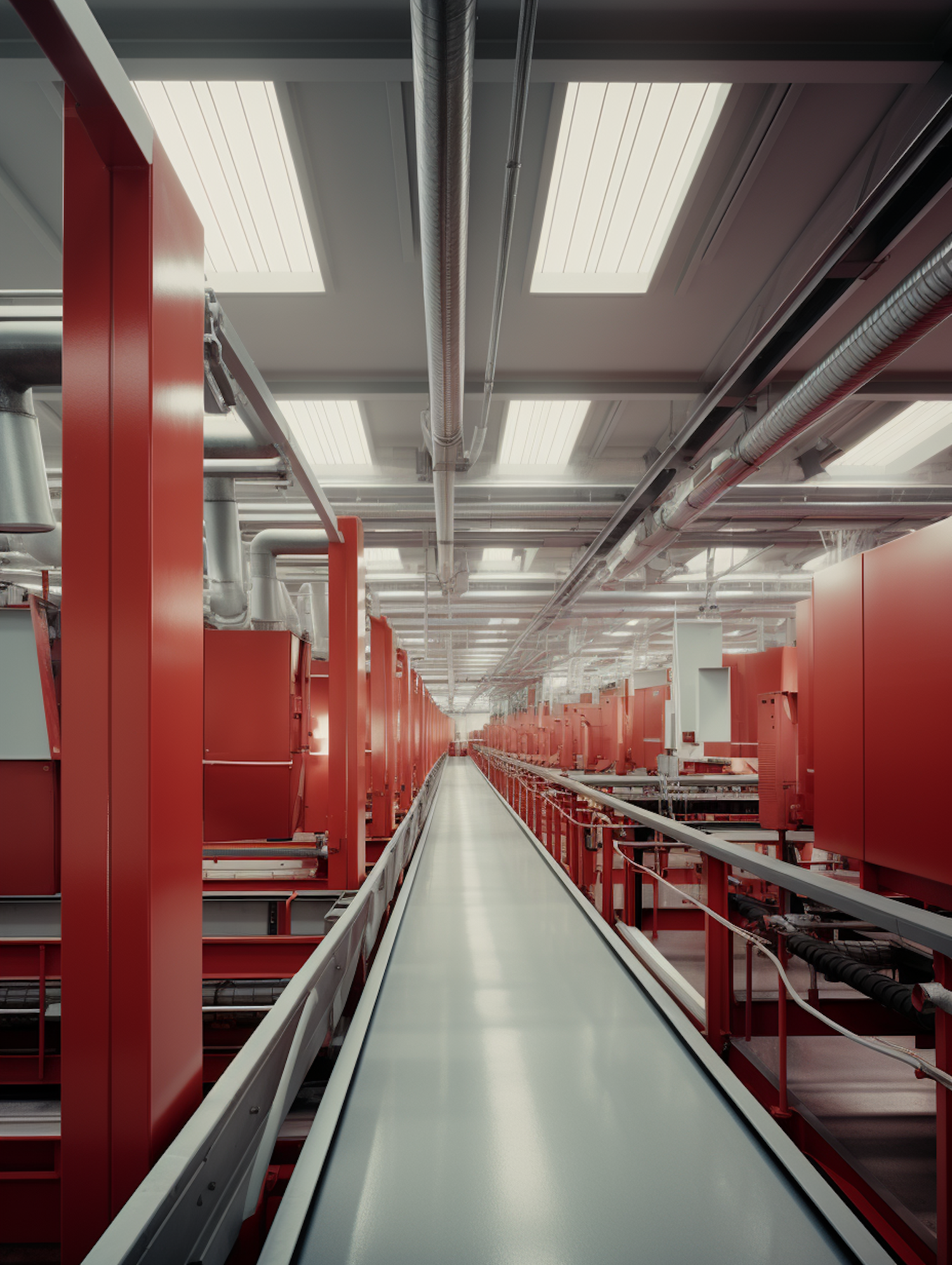 Modern Industrial Facility Interior with Vibrant Red Machinery