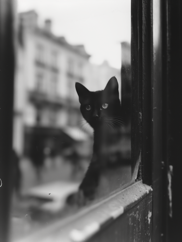 Inquisitive Black Cat Peeking from Behind Window