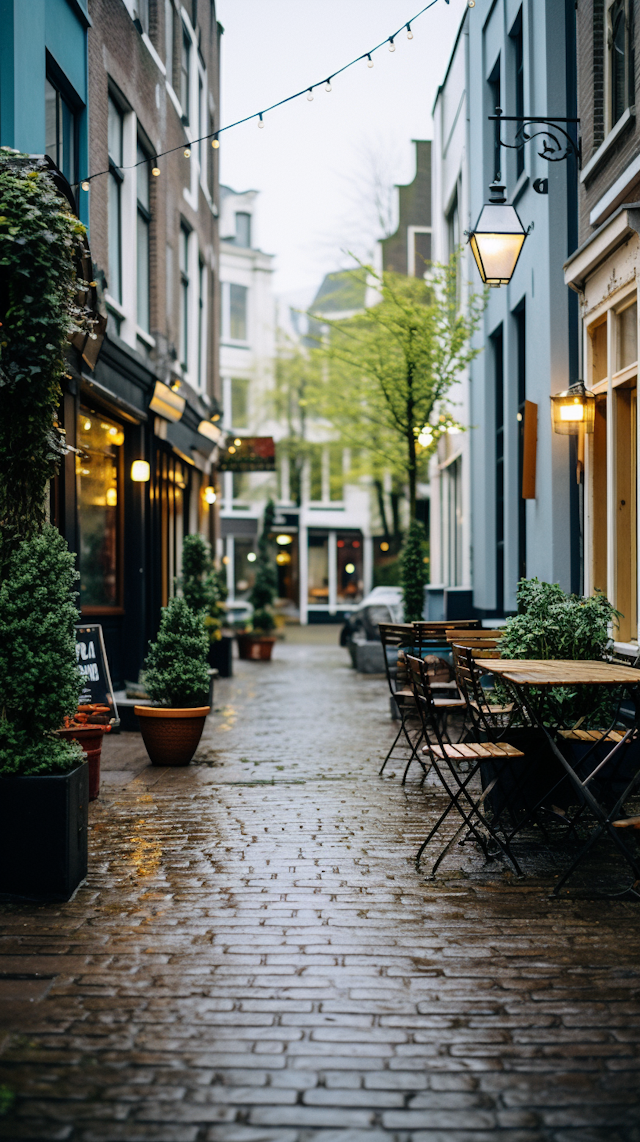 Rain-Kissed Cobblestone Bistro