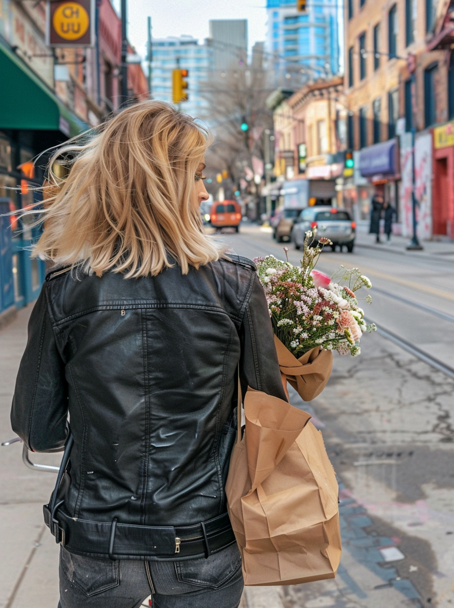 Woman with Bouquet on City Street