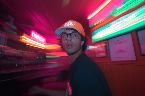 Surprised Young Man with Neon Lights