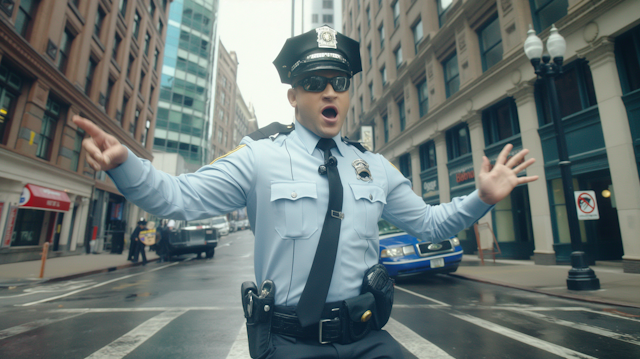 Dancing Police Officer in Urban Environment