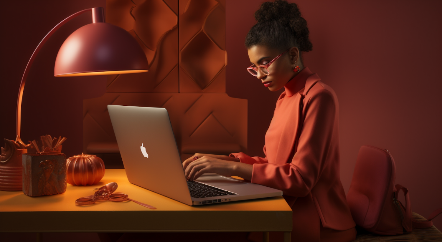 Concentrated Professional Woman at Warm-Toned Workspace