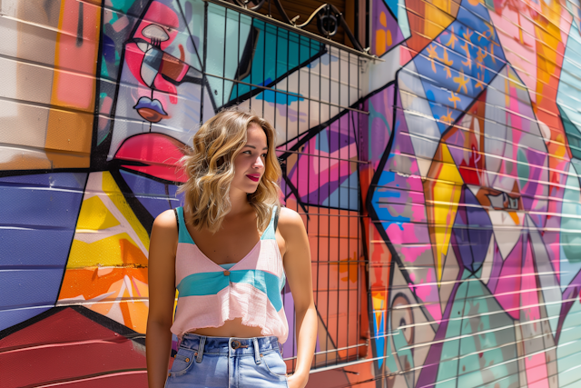 Contemplative Youth in Vibrant Mural Scene