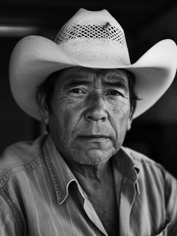 Weathered Cowboy Portrait in Black and White