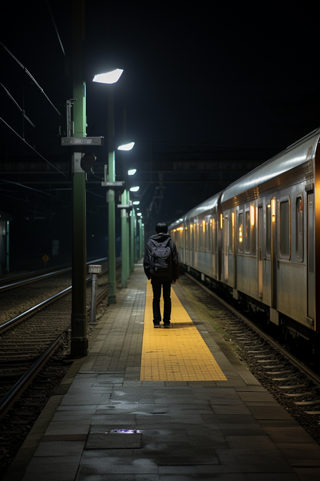 Solitary Commuter on a Nocturnal Platform