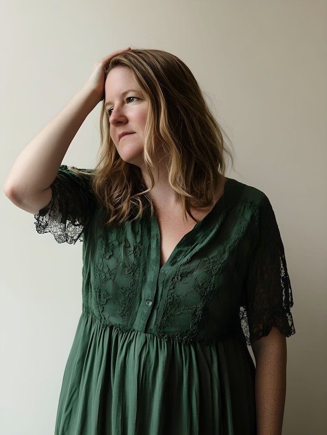 Contemplative Woman in Green Dress