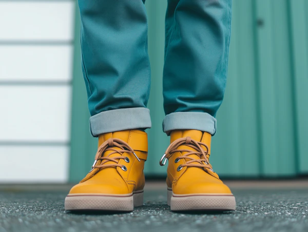 Bright Yellow Sneakers with Teal Pants