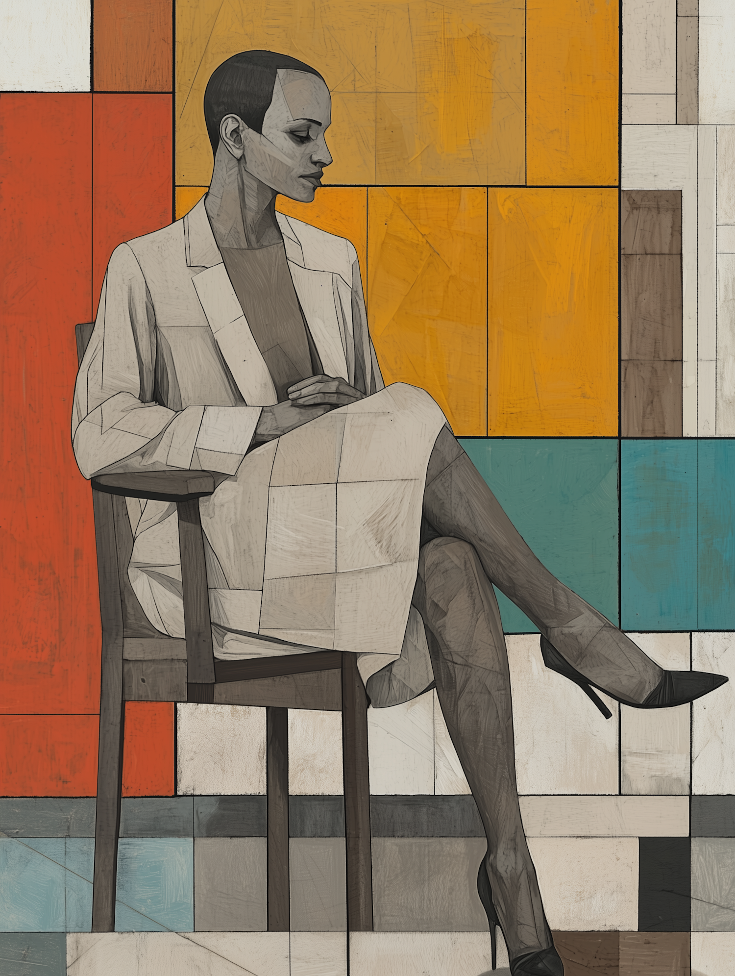 Stylized Seated Person with Geometric Background