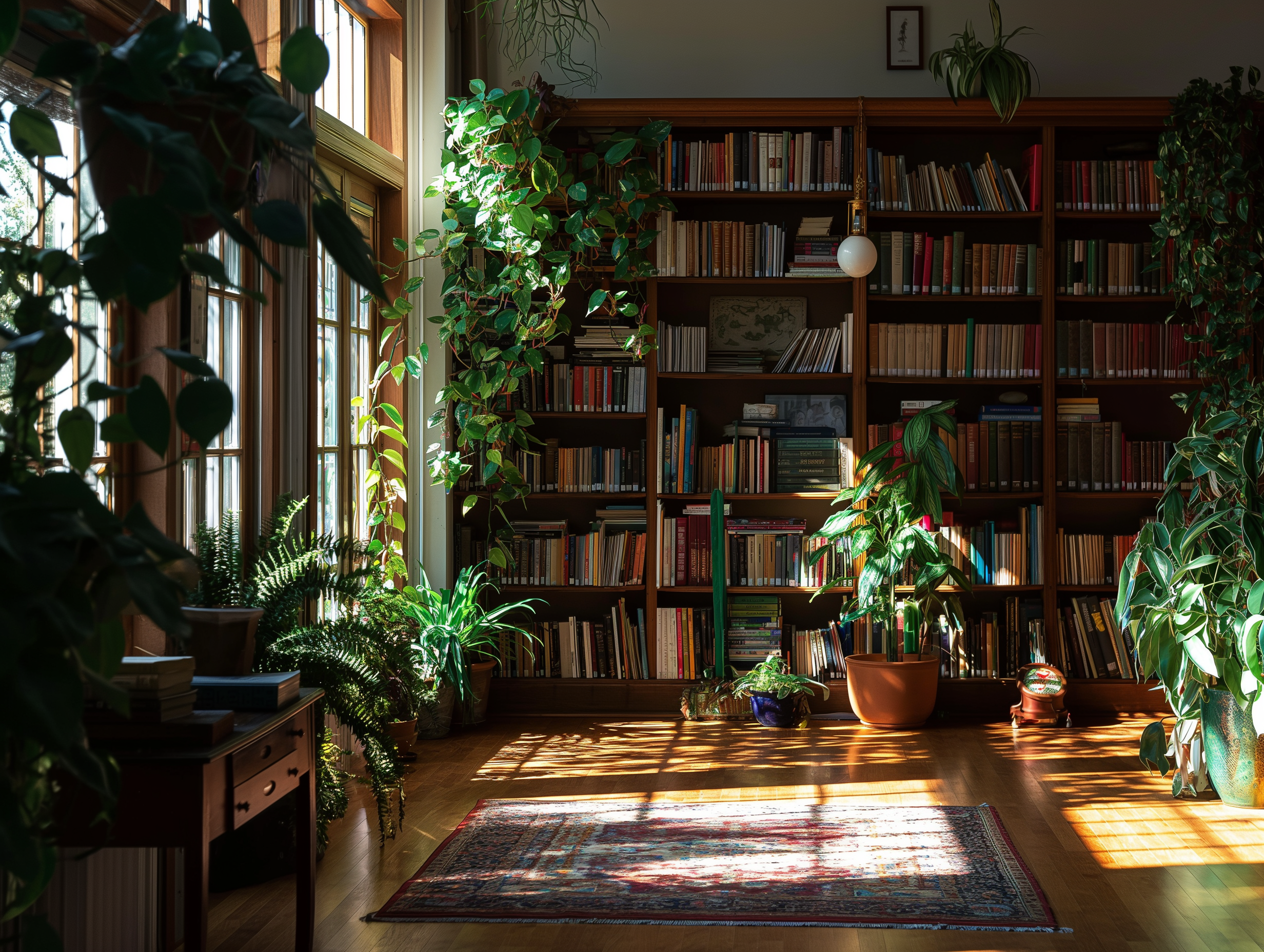 Tranquil Sunlit Library with Green Plants Photo on Lummi