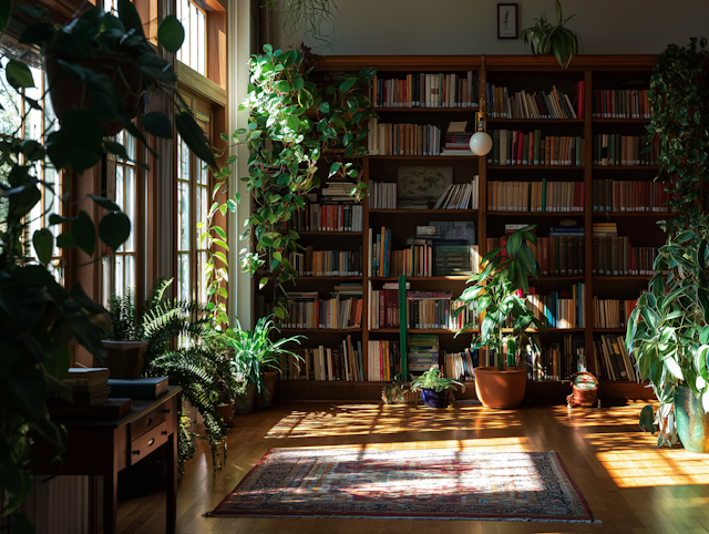 Tranquil Sunlit Library with Green Plants