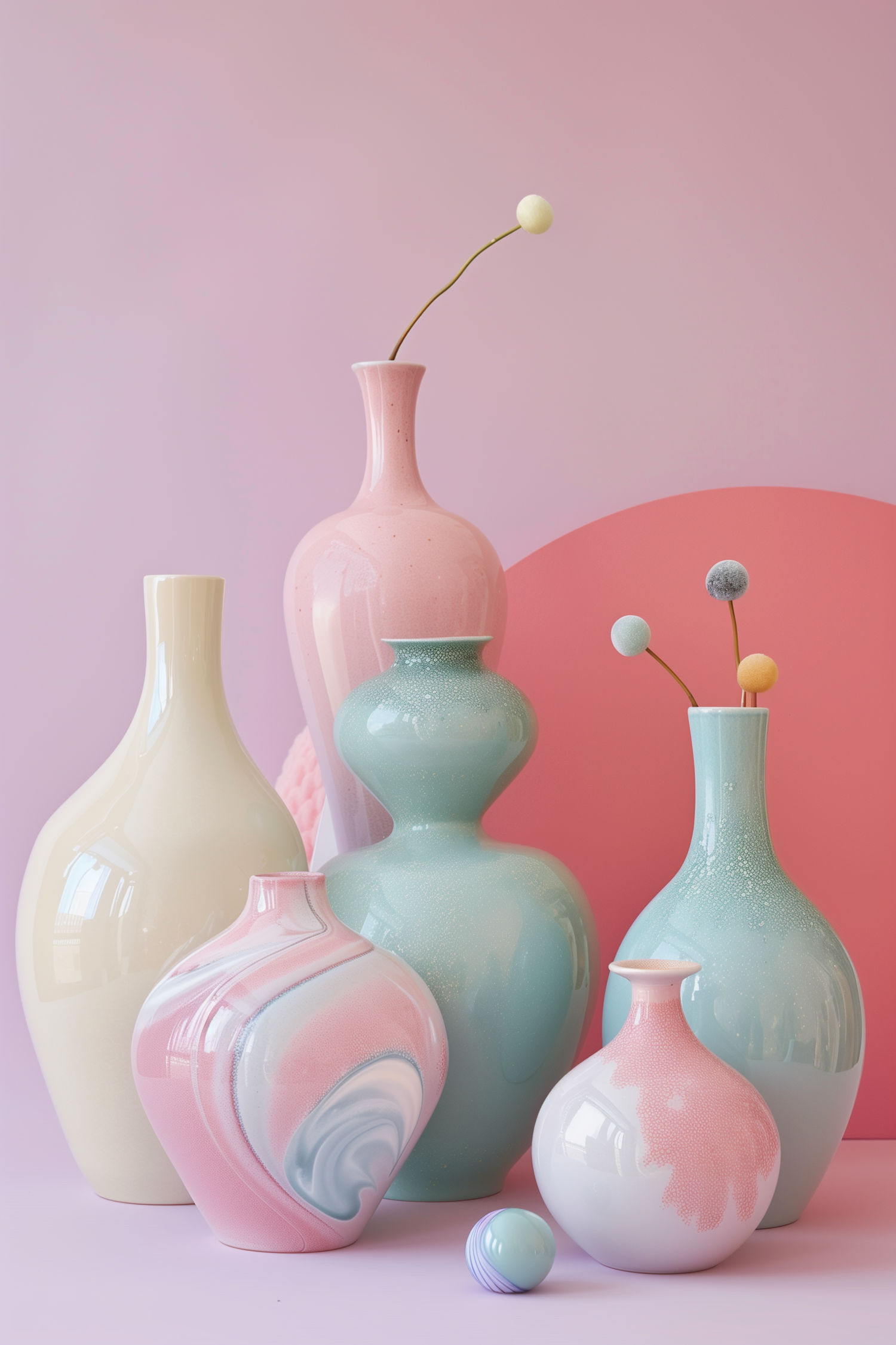 Pastel Colored Vases on Pink Background
