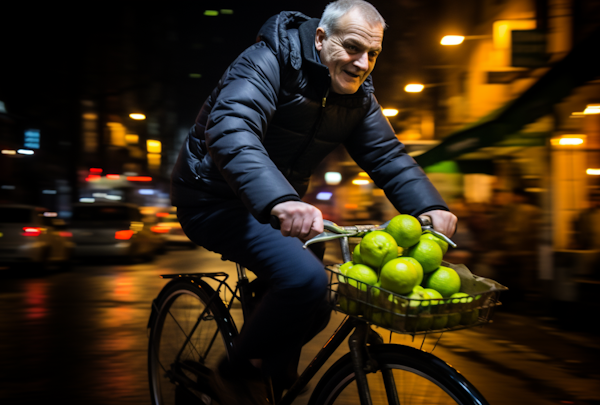 Nighttime Cyclist with a Basket of Green Fruits