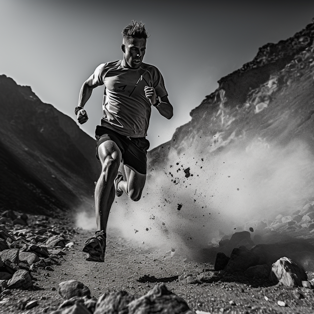 Determination Amidst the Elements: Mountain Trail Runner in Motion