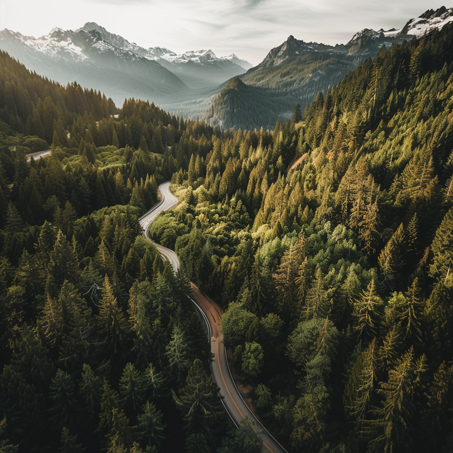 Serene Mountain Road through Pine Forest