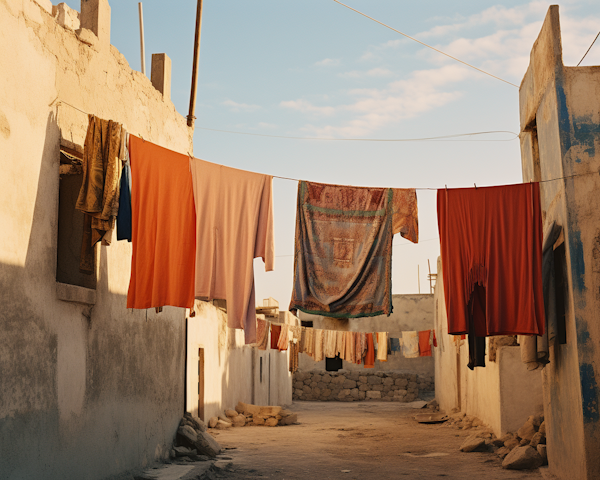 Sunlit Alley with Colorful Hanging Laundry