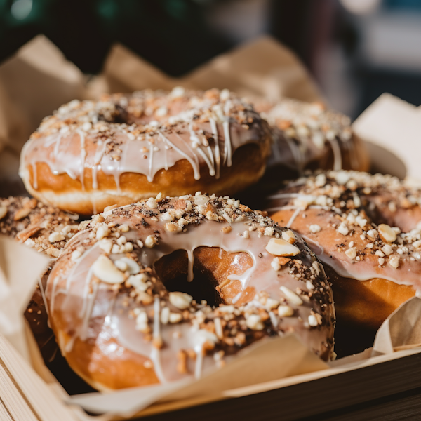 Glistening Glazed Gourmet Doughnuts with Crumbled Nut Topping