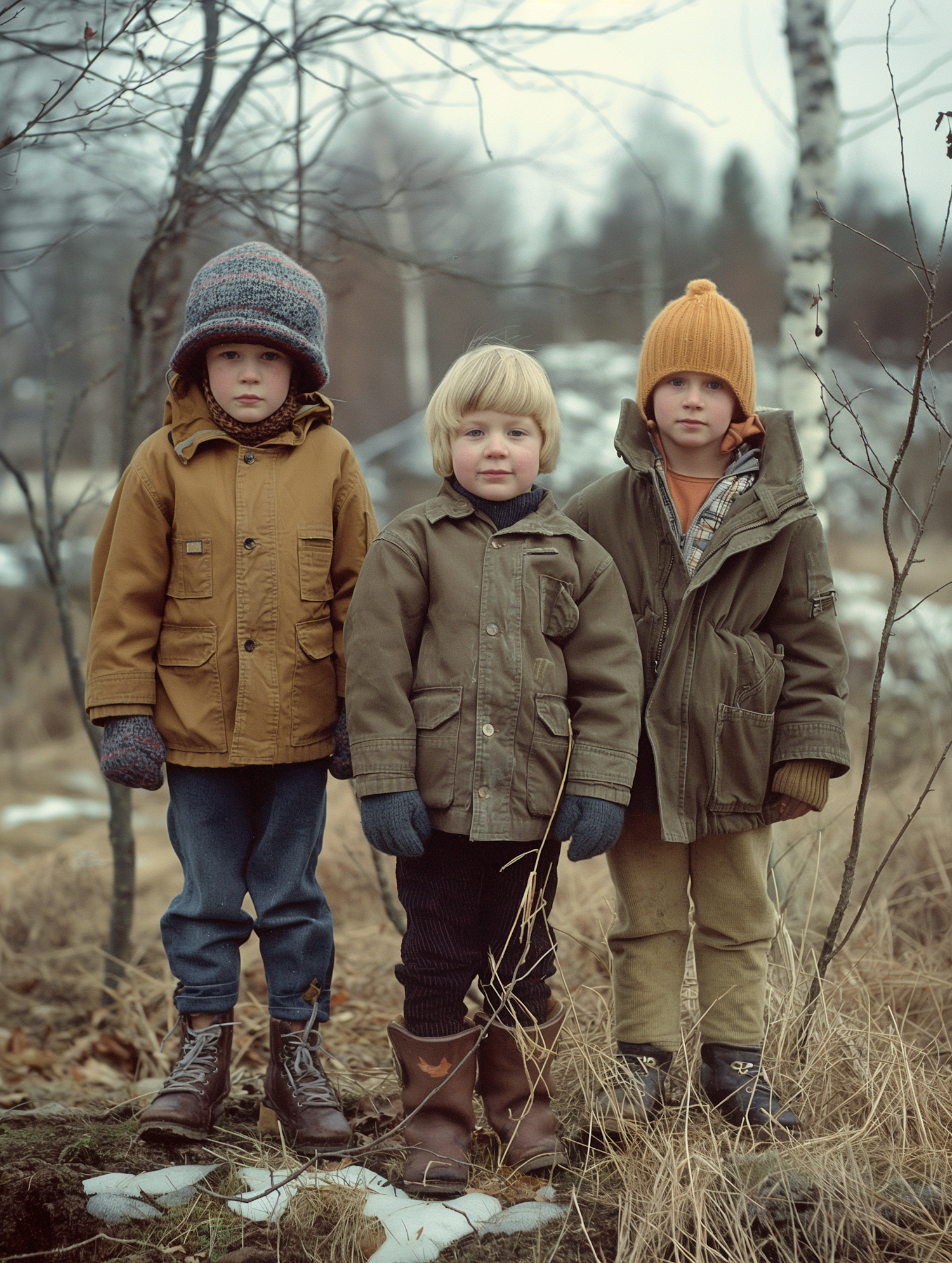 Three Boys in Winter Attire Outdoors