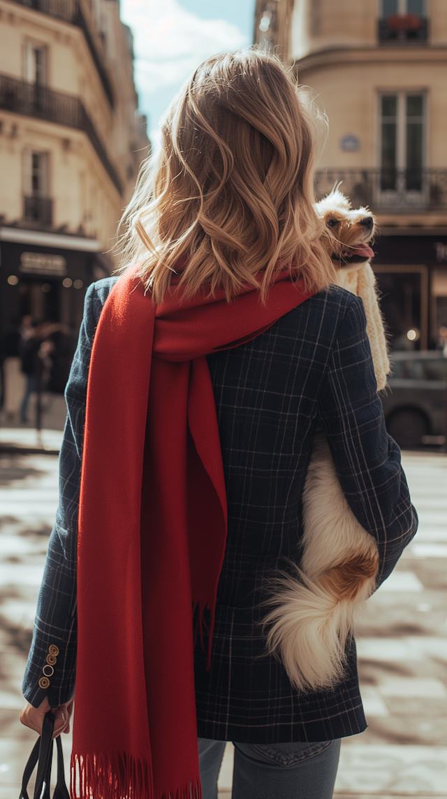 Stylish Woman with Dog on Cobblestone Street