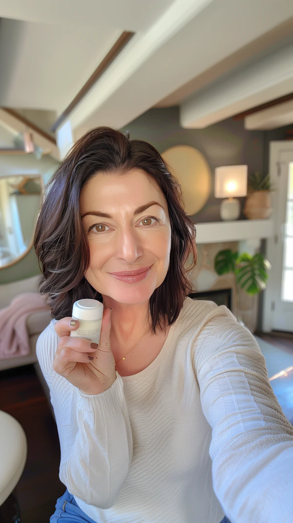 Smiling Woman Holding Skincare Product