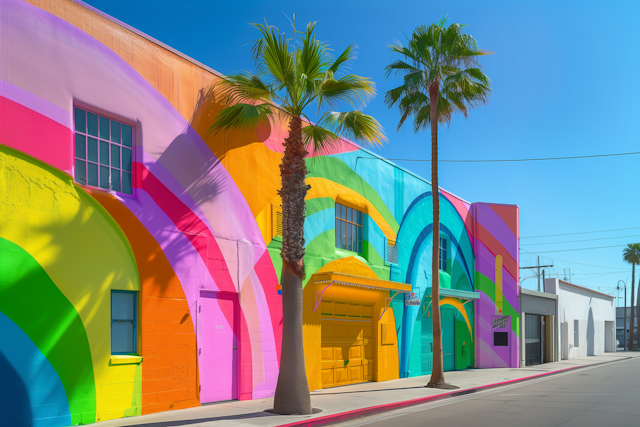 Vibrant Rainbow Painted Building with Palm Trees