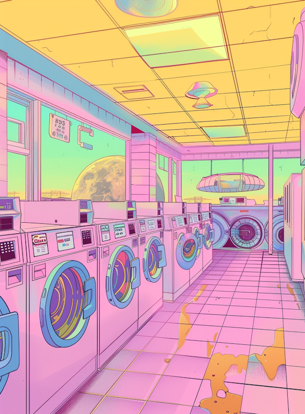 Retro-Futuristic Laundromat Illustration