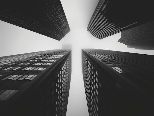 Monochrome Ascent: Skyscrapers Veiled in Mist