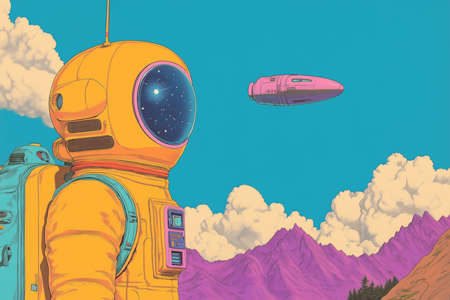 Astronaut in Retro-Futuristic Landscape