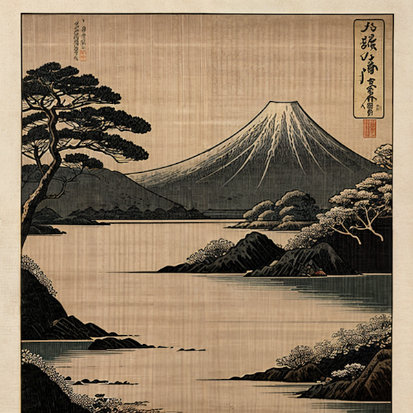 Traditional Japanese Woodblock Print of Mount Fuji