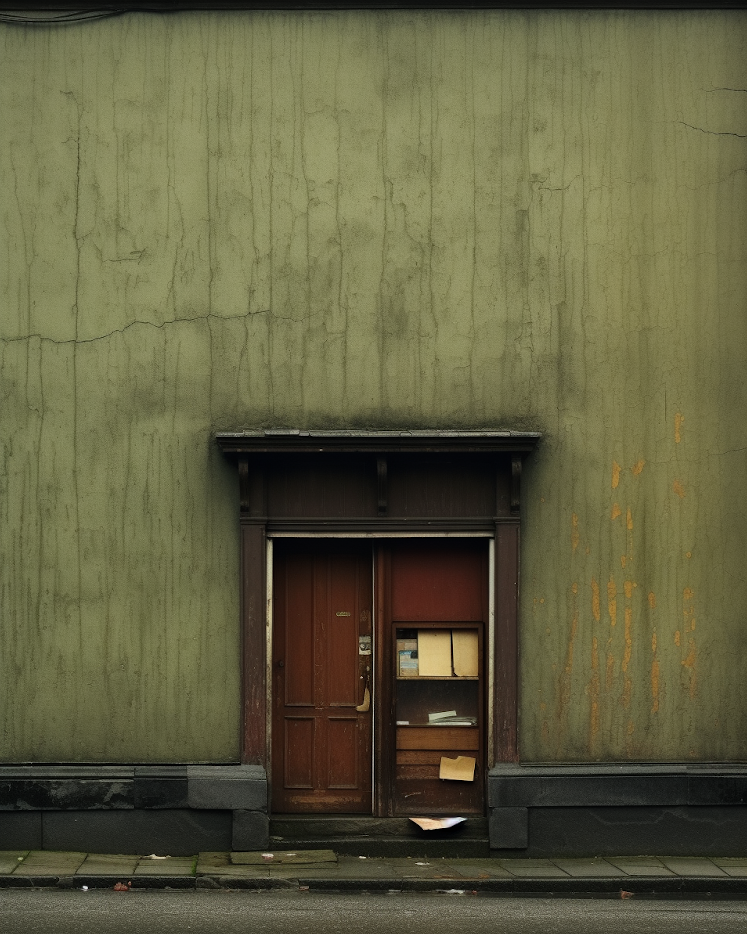 Abandoned Green Façade with Rust Streaks and Overflowing Mailbox