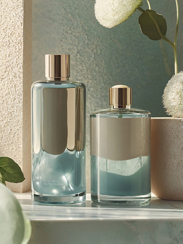 Elegant Glass Bottles with Light Blue Liquid